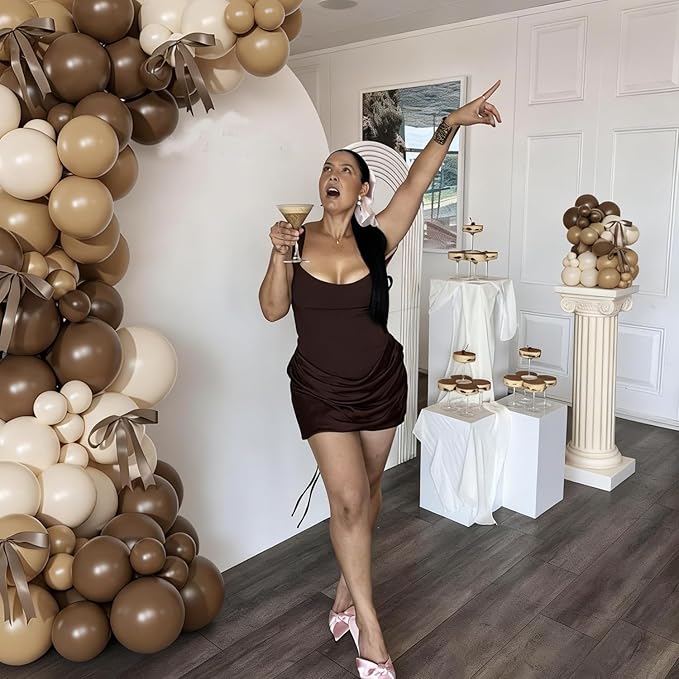 Brown Balloons Garland Arch Kit, 140Pcs Netural Nude Begie Balloons with Bows for Coquette Martini Birthday Party Decorations Bachelorette Bridal Shower Decor