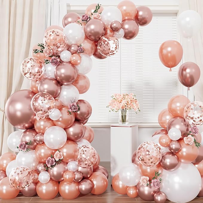 Rose Gold Balloon Garland Arch Kit, Metallic Rose Gold Pearl White and Glitter Confetti Balloons, Rose Gold Party Decor for Wedding Backdrop, Birthday, Baby Shower, Photo Booth, Retirement Party Decor