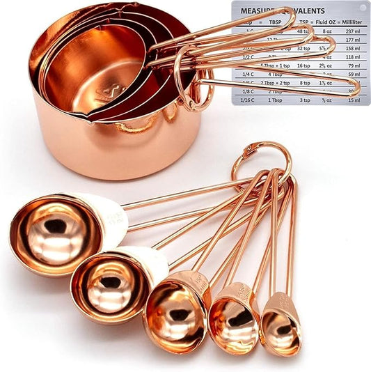 Copper Stainless Steel Measuring Cups and Spoons Set of 8 Engraved Measurements, Pouring Spouts & Mirror Polished for Baking and Cooking Include Magnetic Measurement Conversion Chart by KAISHANE | Engraved measurements, dual pour spouts and magnetic co...