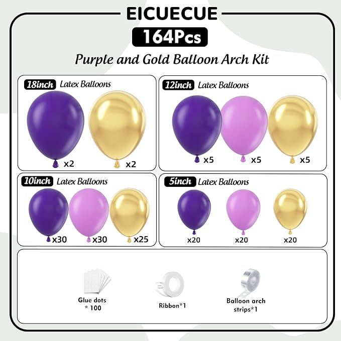 Purple and Gold Balloons Garland Arch Kit - 5 10 12 18 inch Different Size Purple Dark Purple Metallic Gold Balloons for Birthday Baby Shower Anniversary Adults Prom Luxury Party Decorations