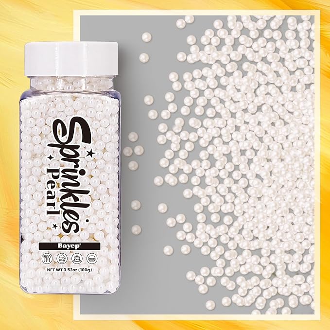 Bayep Edible Pearls for Cake Decorating 4mm White Sprinkles for Cookies, Baking, Ice Cream, Cupcake Topper Pearl Sprinkles Perfect for Wedding Party Valentines Christmas Holiday Supplies 3.52 Ounce