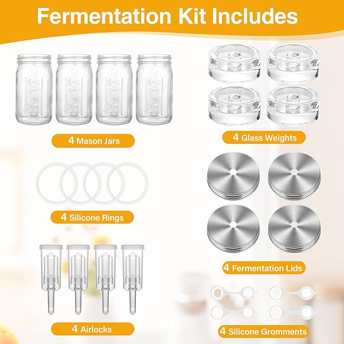 32 oz Mason Jar Fermentation Kit 4 Pack(Jar Included),Sauerkraut/Pickling Kit with 4 Pack Fermenting Jars, Glass Fermentation Weights,Fermentation Lids,Airlocks,Silicone Gaskets and Silicone Grommets