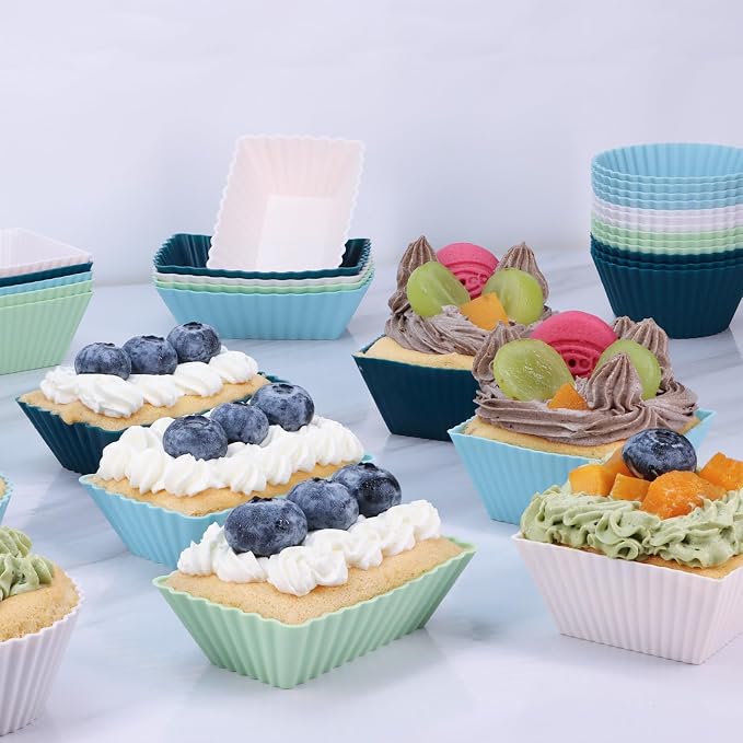 24Pack Silicone Muffin Cups, Reusable Cupcake Liners Molds for Baking, 3 Shapes Lunch Box Bento Dividers-Round, Square, and Rectangular (Neutral Colors, Large Size)