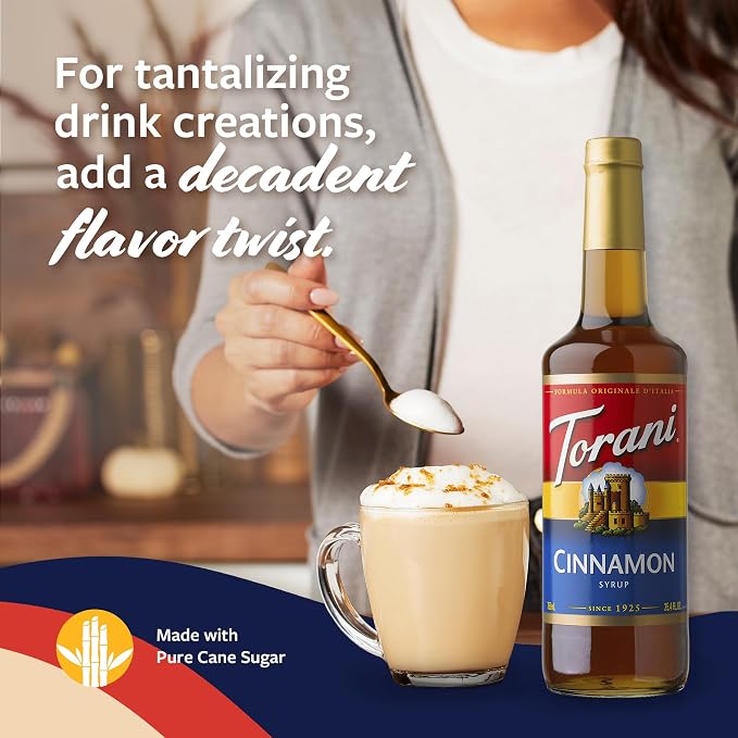 Torani Coffee Syrup, Cinnamon Flavored Syrup for Drinks, Glass Bottle 4-Pack, Pumps Included, 25.4 Fl Oz
