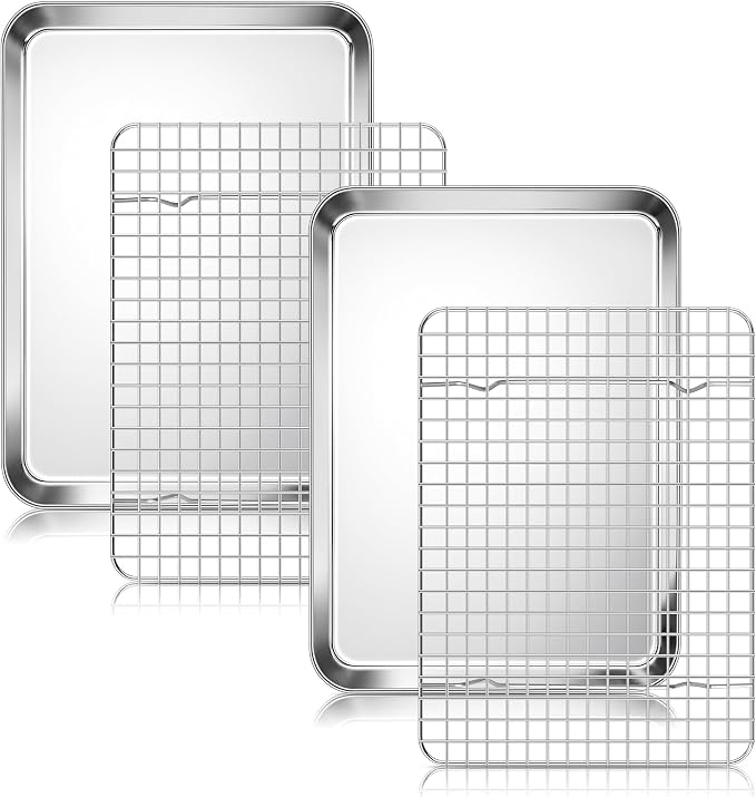 Homikit Quarter Sheet Pan with Wire Rack Set (2 Baking Sheets+2 Racks), Stainless Steel Baking Tray with Grid Cooling Rack for Toaster Oven Roasting, Metal Bacon Cookie Jelly Roll Pan, 12" x 10" Inch