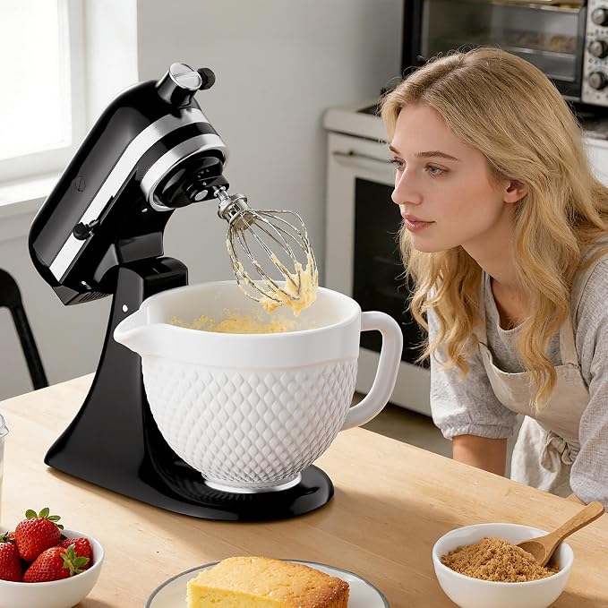 Ceramic Mixer Bowl For KitchenAid all 4.5-5 Quart Tilt-Head Stand Mixers, 5 qt Mixing Bowl For Kitchen Aid Accessories and Attachments with Handle