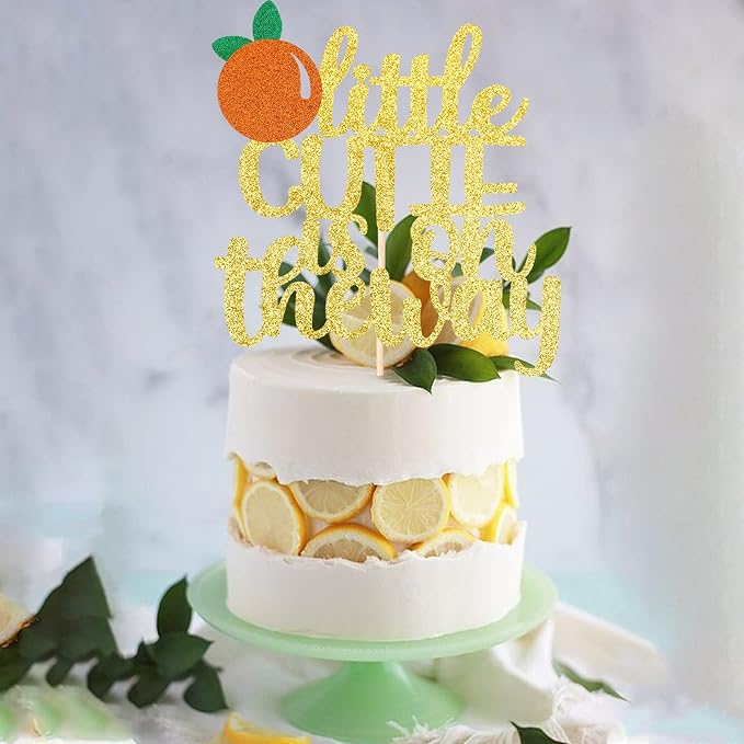 1 PCS Assembled Little Cutie is on the Way Cake Topper with Glitter Orange Cake Pick Decorations for Citrus Theme Baby Shower Kids Birthday Party Supplies
