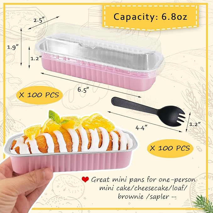 LNYZQUS Mini Cake Pans with Lids 100 Pack,Individual Foil Baking Tins,Disposable Mini Loaf Pans Small Cakes Tin Cupcake Containers for Children's Day Bake Sale-Pink,6.8oz