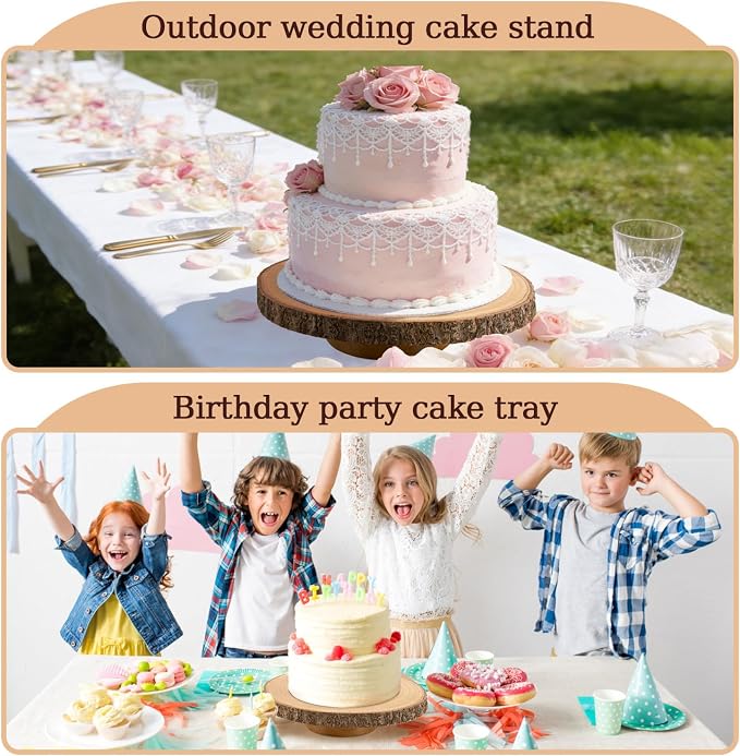 12" Rotating Wood Cake Stand with Cake Cutting Set (Knife and Server) - Rustic Wooden Cake Turntable for Decorating, Party, Wedding, Baby Showers, Reception, Event - Ideal Baking Gift & Decor