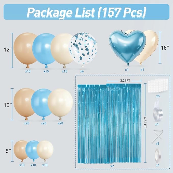 157Pcs Light Blue Cream Sand White Balloons with Pastel Blue Fringe Curtain for Baby Shower Gender Reveal Wedding Teddy Bear Birthday Party Decorations