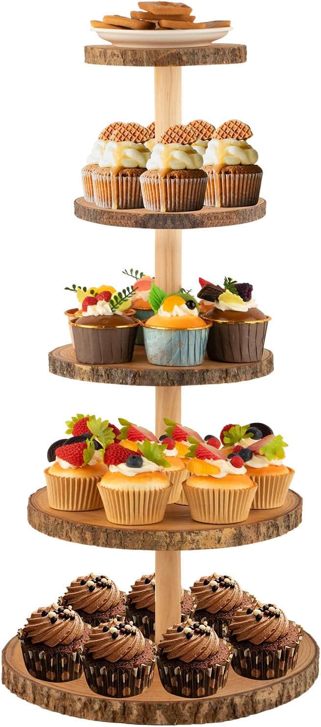 Wooden 5-Tier Rustic Cupcake Stand for Wedding Cakes, Tiered Dessert Tower Display Centerpiece for Parties, Events & Celebrations