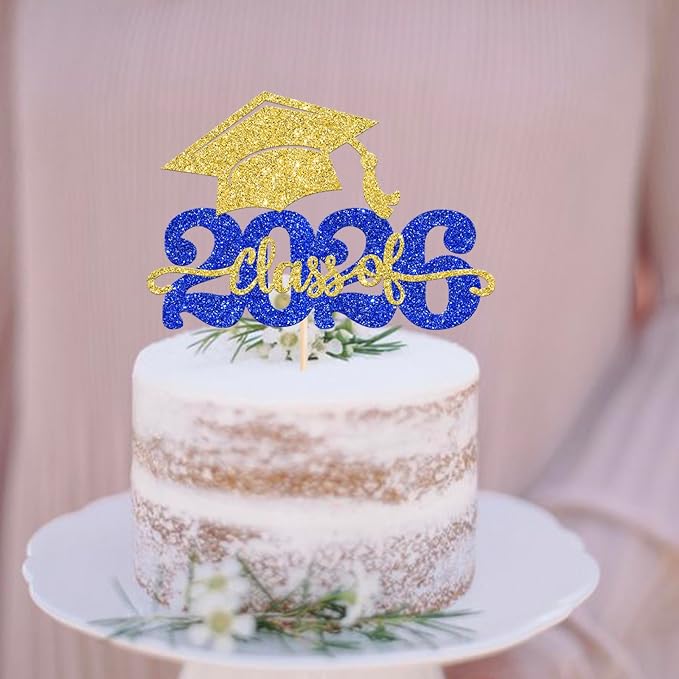 1 Pack Class of 2026 Cake Topper Glitter Congrats Grad Cap 2026 Graduation Cake Pick for 2026 Graduation Theme High School Boys Girls Graduate Party Cake Decorations Supplies Gold Blue