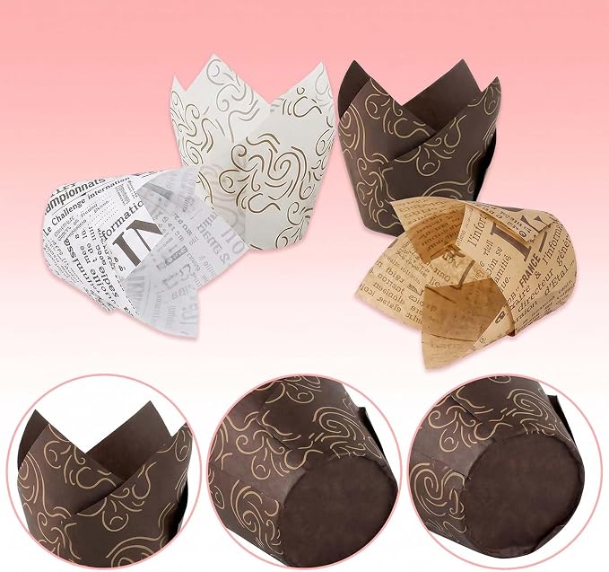 200 Pcs Newspaper Tulip Cupcake Liners for Baking, Newspaper and Stripe | Standard Greaseproof Tulip Muffin Liners for Baking, 3oz Paper Cupcake Wrappers for Party Wedding Birthday