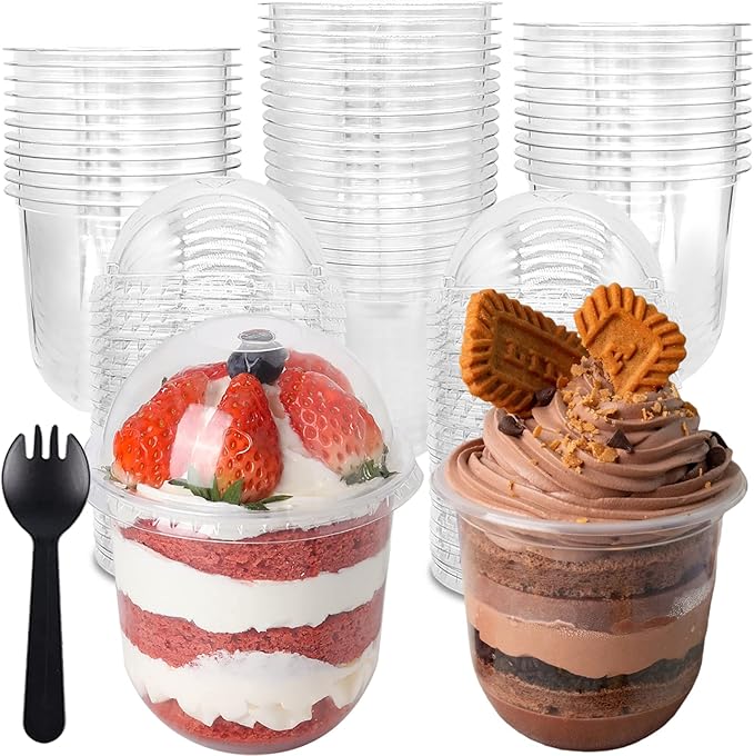 Jnnzzggu 50 Pack 12oz Clear Plastic Cups with Dome Lids and Sporks No Hole Disposable Fruit Cups for Dessert, Cupcake, Parfait, Pudding, Iced Cold Drinks, Snacks, Fruits, Bakeries, Ice Cream