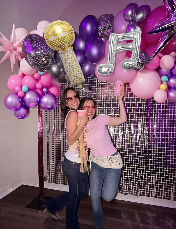 Pink and Purple Balloon Garland Arch Kit, 144 PCS Purple and Pink Balloons with Music Notes, Microphone and Starburst Foil Balloons, for Girls Birthday Party, Karaoke, Pop Music Theme Decorations