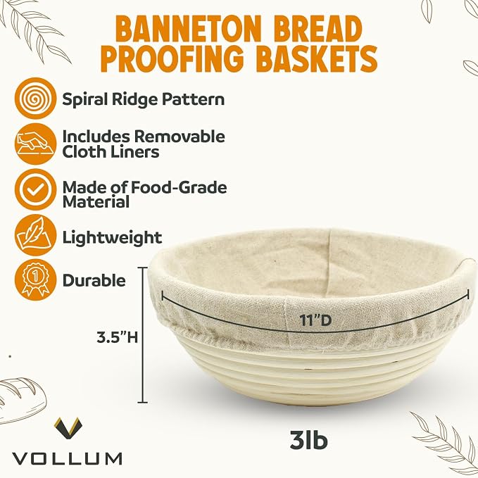 Vollum Banneton Bread Proofing Basket & Liner – Handmade Rustic Sourdough Bread Baking Supplies, Brotform Basket, Sour Dough Tools, Gifts for Bakers - Round - 11"D x 3.5"H