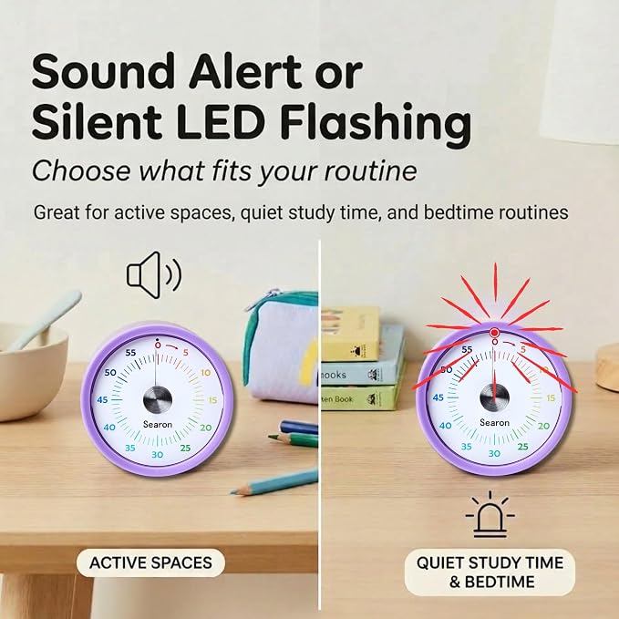 Searon Magnetic Visual Timer for Kids — 3.15" 60-Minute Rainbow Dial Timer for Homework, Study & Morning Routines, Silent LED Mode, Pause Function for ADHD, Kitchen, Cooking & Baking (Purple)