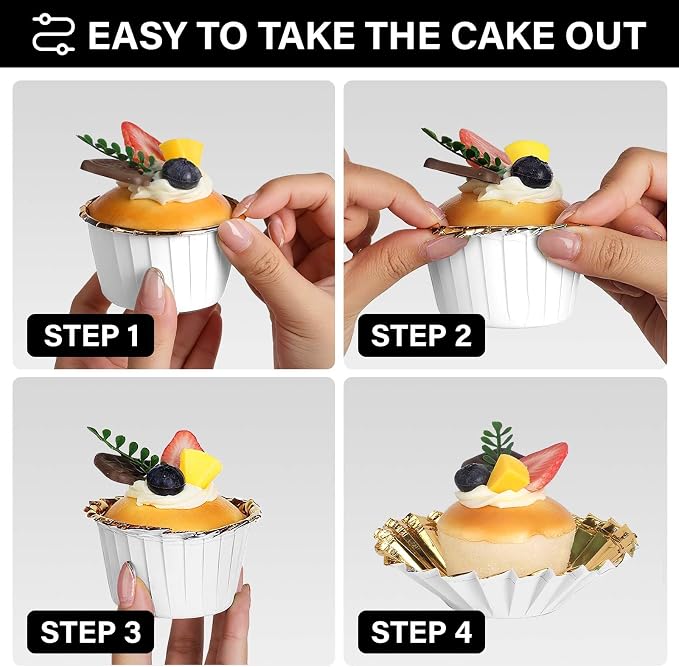 EUSOAR Baking Cups, 100pcs 3.5oz Aluminum Foil Ramekins Paper Cupcake Containers, Disposable Wrappers Mini Cheesecakes Cups Holder Muffin Cupcake Liners for Birthday Wedding Party-White/Gold