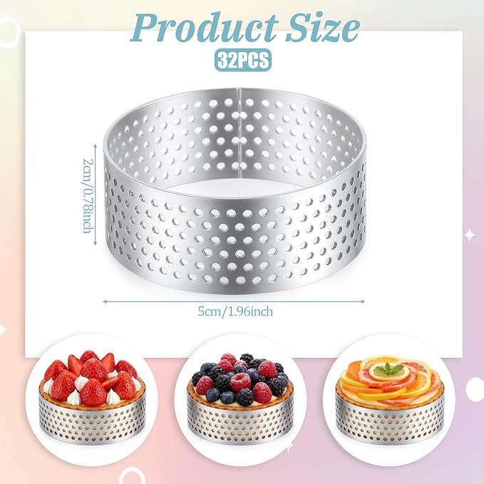 32 Pack 2 Inch Stainless Steel Tart Ring, Crumpet Rings Cake Ring Heat-Resistant Cake Mousse Rings Metal Pastry Mold for Dessert Baking Cooking Pastries