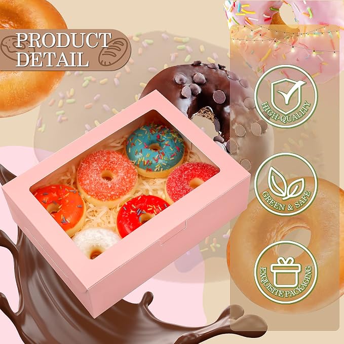 KPOSIYA 65 PCS 8x6x2.5 Inch Cookie Boxes with Window Pink Bakery Boxes Pastry Boxes for Gift Giving, Treat, Dessert, Cupcakes, Chocolate, Strawberries, Donuts, Muffins (5 Style Windows)