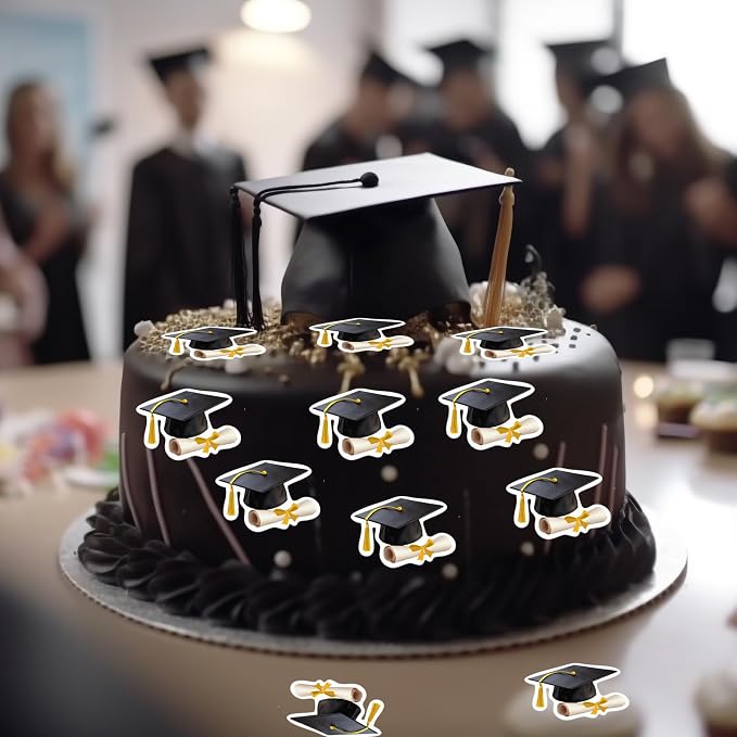 48pcs Edible Graduation Cap Cupcake Toppers Wafer Paper Gold Grad Cap Diploma Cake Decorations Edible Grad Cap Cupcake Picks for 2026 Graduation Theme Party Cake Decor Supplies