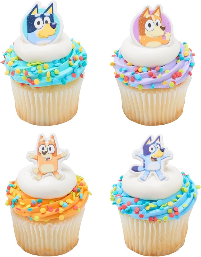DecoPac Bluey So Much Fun Rings, 72 Cupcake Decorations Featuring Bluey, Bingo, Bandit, and Chilli, 3D Food Safe Cake Toppers – 72 Pack