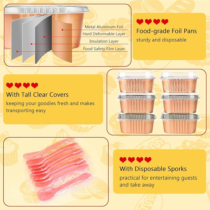 LNYZQUS Mini Cake Pans with Lids 25 Pack,10oz Small Foil Baking Cups Disposable Square Muffin Tins, Individual Cupcake Containers 4” Brownie Pan for Thanksgiving Baking Gifts-Champagne