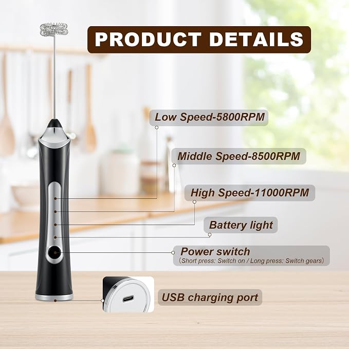 Handheld Electric Milk Frother with 3 Heads, Coffee Whisk Foam Mixer with USB Rechargeable 3 Speeds, Foam Maker Blender for Latte, Cappuccino, Hot Chocolate, Egg (Type 6)