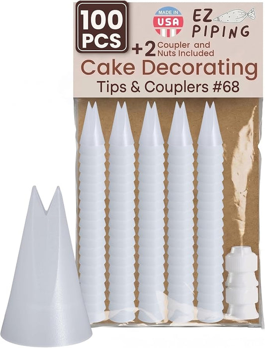 Reusable Plastic Piping Tips - Standard Size Leaf Tip #68 Icing Nozzles Made from Food Grade Plastic Cake Decorating Tool Kit, Baking Supplies, Base Ø 0.75", Height 1.25" Made in USA (100pcs)