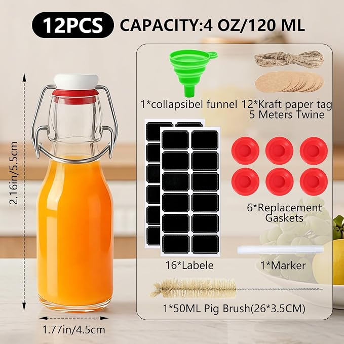 Ruckae Swing Top Glass Bottles,Flip Top Glass Bottle with Lids Sealable Kombucha Bottle for Brew Beer Syrup Vanilla Extract Air Tight Bottles for Gift (4 oz 12 pack)