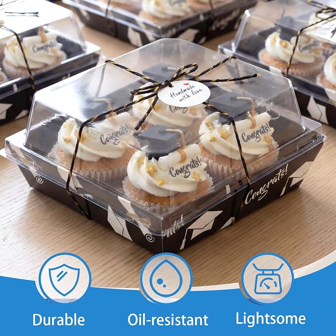 Outus 100 Pack Graduation Party Paper Food Containers Black Charcuterie Boxes with Clear Lids, 5.7 x 5.1 '' Graduation Party Supplies Cake Take out Bakery Boxes with Gift Tags Rope for Desserts Cake