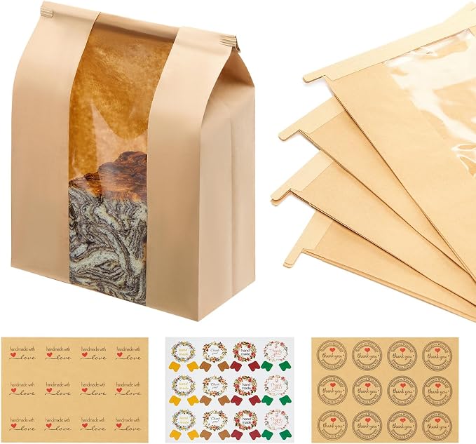 240 Pack Large Kraft Paper Bread Loaf Bag with Tin Tie Tab Lock ，for Homemade Bread Loaf Bags 14" x 8.3" x 3.5"，Sourdough Bread Bags with Clear Front Window for Baked Food Packaging Storage. (240) | 240 Pack Bread Bags