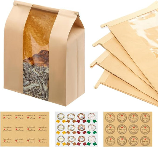 180 Pack Large Kraft Paper Bread Loaf Bag with Tin Tie Tab Lock ，for Homemade Bread Loaf Bags 14" x 8.3" x 3.5"，Sourdough Bread Bags with Clear Front Window for Baked Food Packaging Storage. (180) | 180 Pack Bread Bags