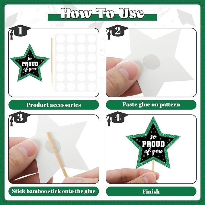 48 PCS Grad Cupcake Toppers, Glittery Congrats Graduation Cake Topper, 6 Styles Graduation Decorations, Black and Green Cap and Diploma Cake Picks for Class of 2026 Grad Party Decorations Supplies