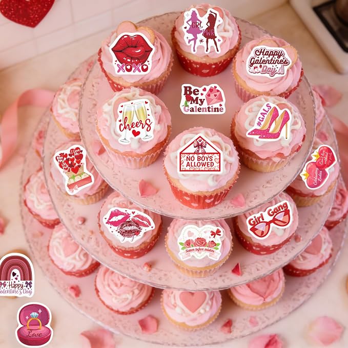 60PCS Edible Happy Galentine’s Day Cupcake Toppers Wafer Paper Girl Gang No Boys Allowed Cupcake Picks Be My Galentine Cake Decor for Girls Theme Single Party Decor Supplies