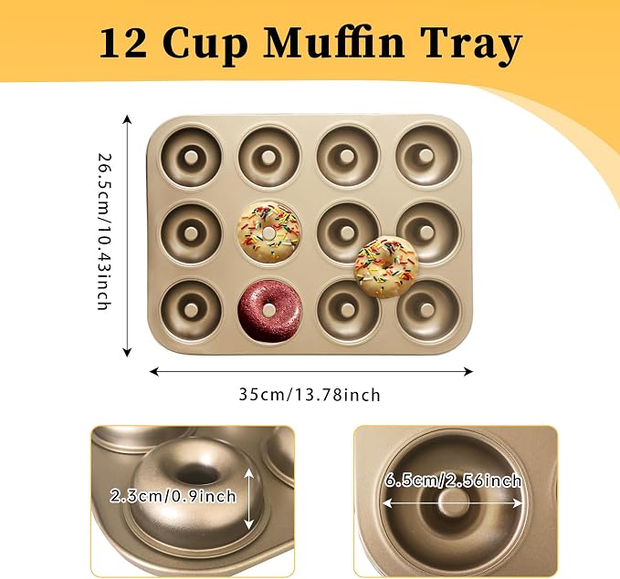Donut Pans 2 Pack, Non-Stick 12-Cavity Donut Pan for Baking, Carbon Steel Doughnut Trays for Mini Bagels and Cake, Doughnut Bakeware Oven Baking (Gold)