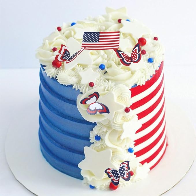 50PCS Edible American Flag Cake Decorations Patriotic Wafer Cupcakes Toppers for 4th of July, Independence Day Parties & Birthday Celebrations (50, American Flag & Butterfly)