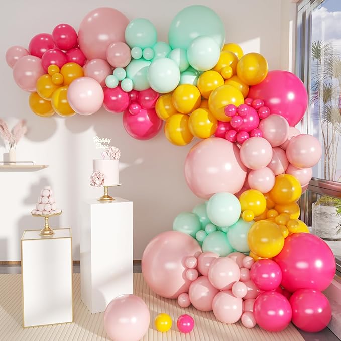 Balloons Arch Kit, 146Pcs Matte Rose Red Tender Pink Macaron Green Yellow Latex Balloon Different Sizes 18 12 10 5 Inch for Birthday Baby Bridal Shower Wedding Party Backdrop Decorations