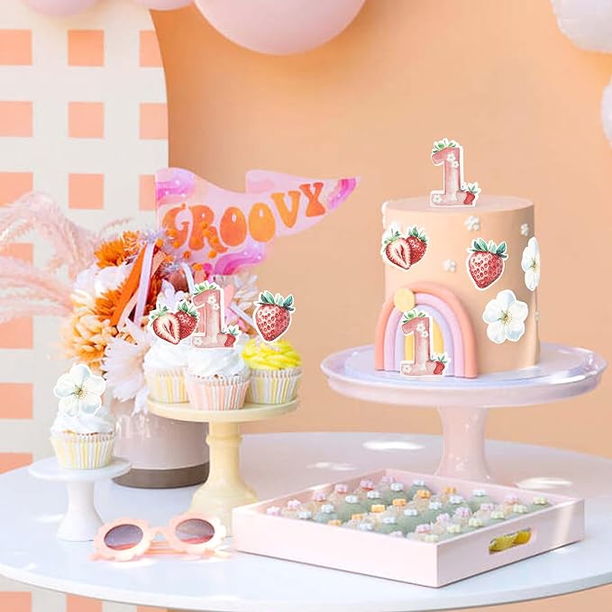 60 PCS Edible Sweet One Strawberry Cupcake Toppers Flower Strawberry First Birthday Cake Decorations Edible Berry Strawberry Cupcake Picks for Baby Shower 1st Birthday Party Food Decorations Supplies