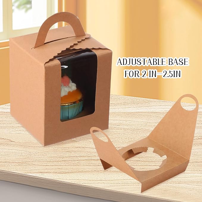 Ctosree 60 Pcs Individual Cupcake Boxes Single Colourful Cupcakes Containers with Insert Window and Handle Kraft Cupcake Holders Portable Cupcake Carriers for Bakery Wedding Party Favor (6 Colors)
