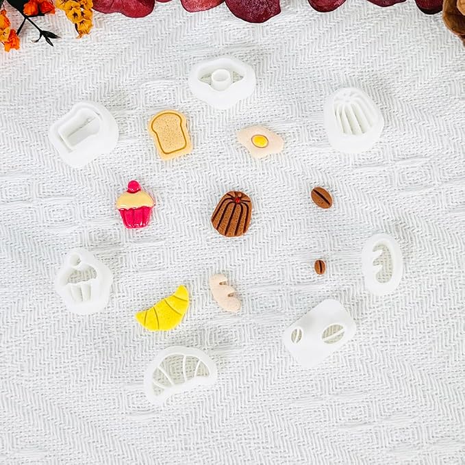 Xaekicr Breakfast Food Polymer Clay Cutters Set – 7pcs Bread Cupcake Egg Coffee Designs Clay Cutters for Polymer Clay Jewelry Making – Cute Clay Molds and Clay Tools for Mini Food Earrings