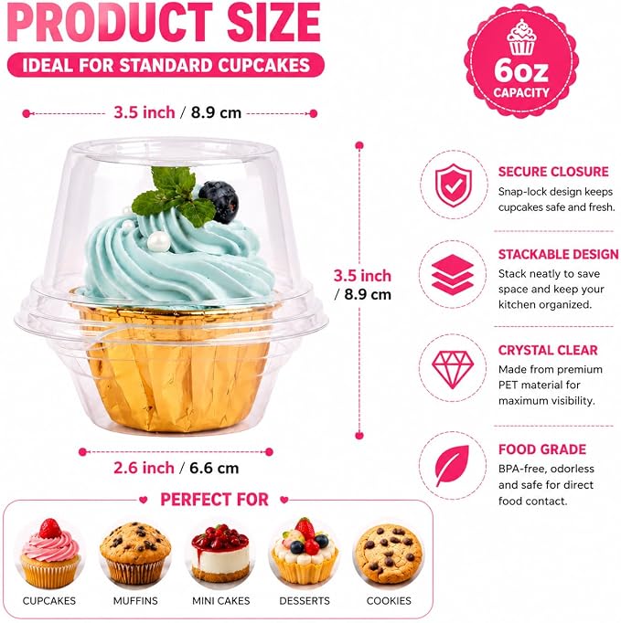 25Pack Individual Cupcake Containers with Clear Dome Lids, Single Cupcake Holder Boxes for Frosted Cupcakes, Bakery-Style Cupcake Carrier for Parties, Bake Sales, School Events