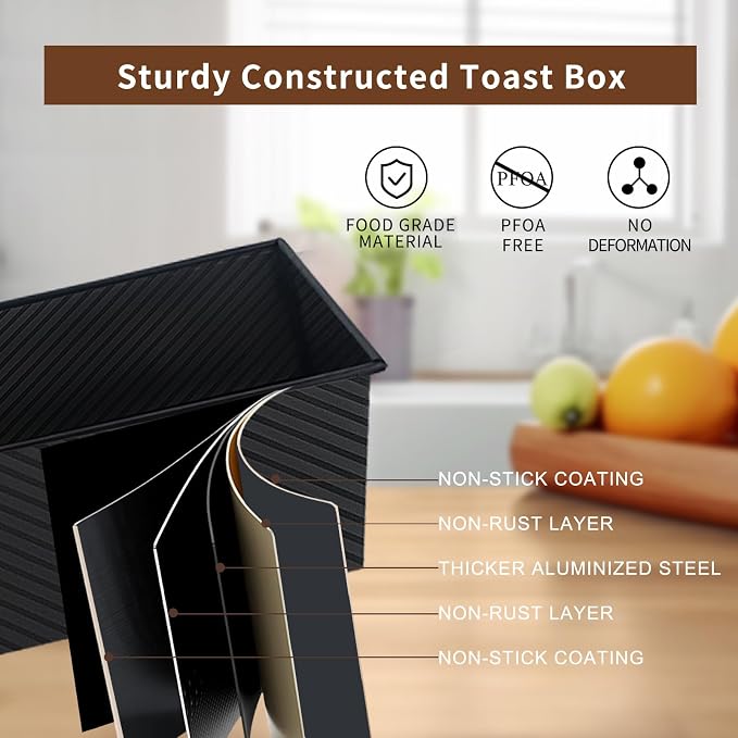 Pullman Loaf Pan, 2 Pack Bread Pan with Lid, 13x5 & 8x4 Inch, Black | Nonstick Pullman Loaf Pan with Lid 2.2lb&1lb Aluminized Steel Sourdough Sandwich Bread Loaf Pan with Cover Pullman Bread Pan