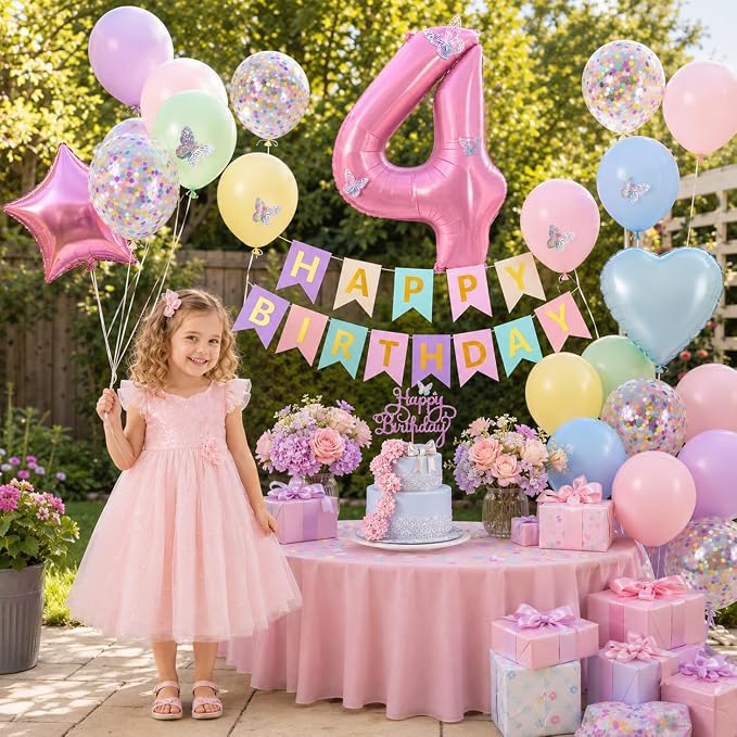 4th Pastel Birthday Party Decorations for Girls Number 4 Balloon Happy Birthday Banner Butterfly Stickers Star Heart Foil Balloons for 4 Year Old Easter Party Decor