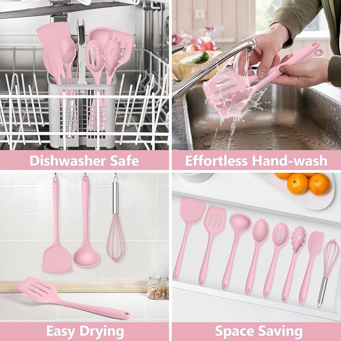 TeamFar Silicone Cooking Utensils Set, 8 PCS Kitchen Utensils Set, 446°F Heat Resistant, Turner, Spatula, Spoon, Whisk, Kitchen Cooking Gadgets Tools for Nonstick Cookware, Dishwasher Safe-Pink
