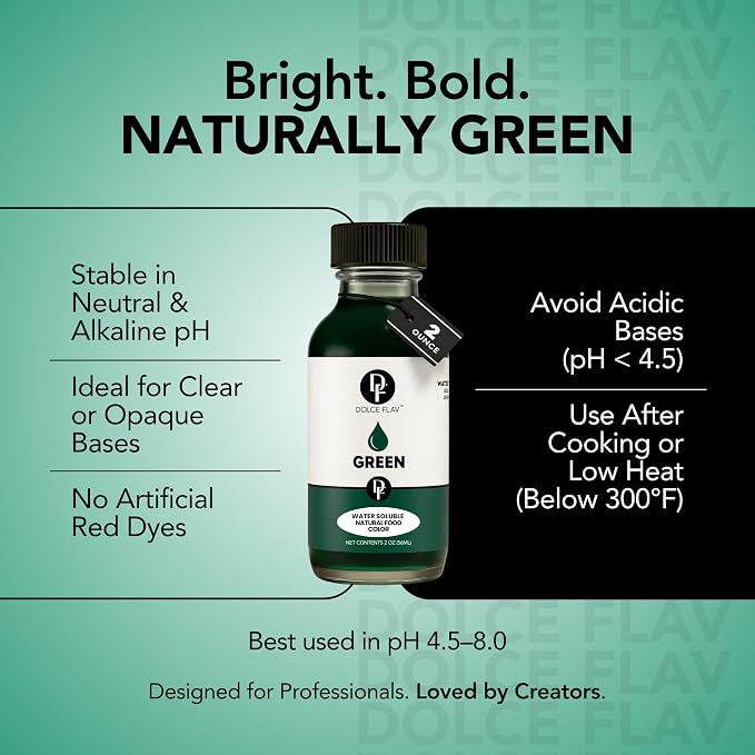 Dolce Flav Natural Green Food Coloring – 2 oz Vibrant Plant-Based Color from Green Apple | Water-Soluble Liquid Dye for Baking, Drinks & Frostings | Graduated Dropper Included | No Artificial Dyes | Kosher | Made in USA