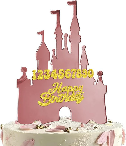 Rose Golden Castle Cake Topper with Numbers 0–9 – Princess Birthday Cake Decorations, Reusable Acrylic Happy Birthday Cake Topper Set for Girls Party Supplies (rose golden)