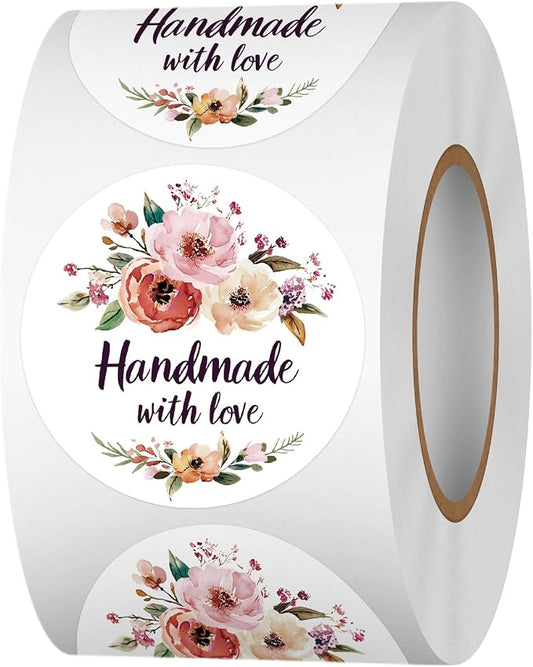Floral Handmade with Love Stickers Roll, 1.5 inch 500 PCS Flower Homemade with Love Stickers for Handmade Baked Goods, Crafts, Gifts Package, Small Businesses