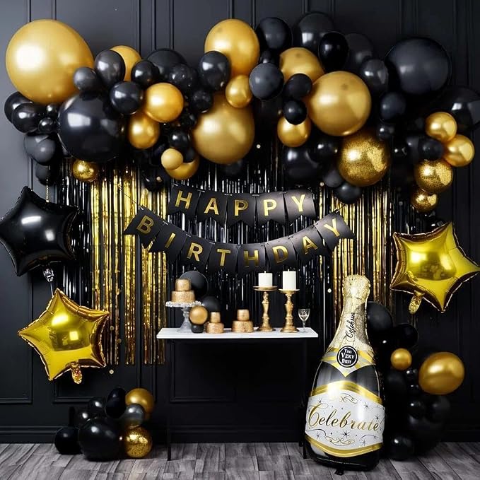 Black Gold Birthday Party Balloon Kit,Happy Birthday Banner Fringe Curtains Gold Black Star Wine Bottle Foil Balloon Garland for Men Women Party Decorations