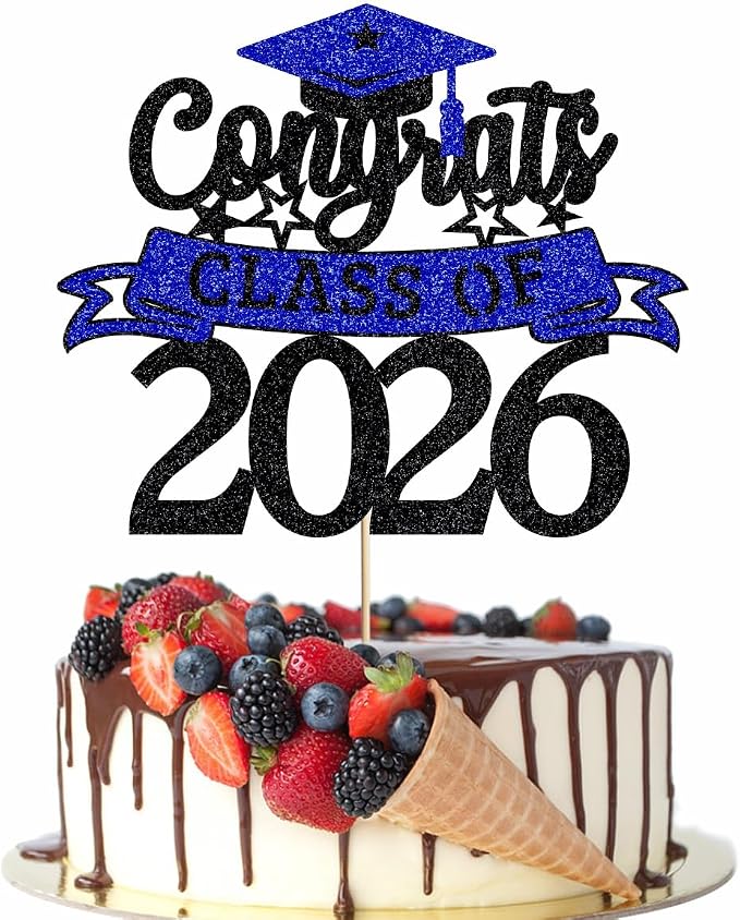 Glitter Class of 2026 Cake Topper，Congrats Grad Decorations， 2026 Happy Graduation High School/College/University Graduation Party Supplies Black and Dark Blue